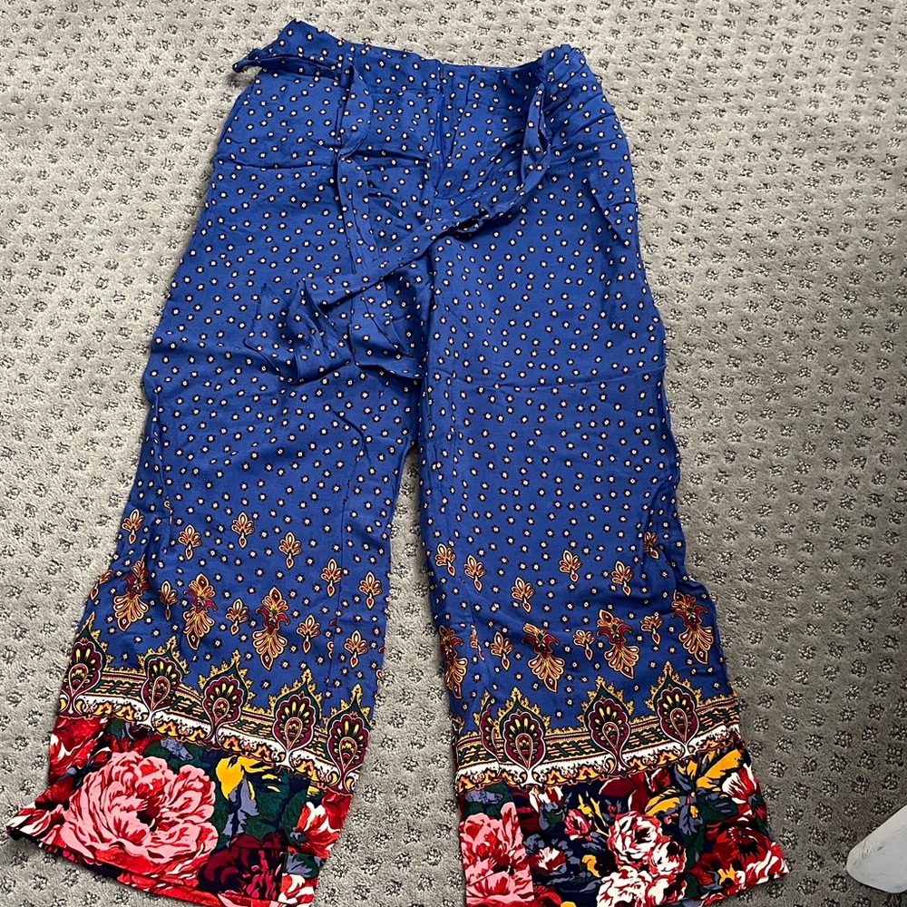 Anthropologie Blue Floral Wide Leg Pants